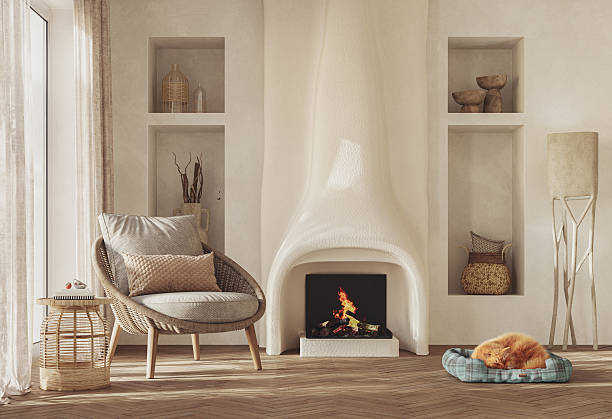 A contemporary living room interior design with fireplace and wall paneling featuring vibrant decorative accents, 3D render