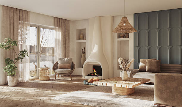istock A contemporary living room interior design with fireplace and wall paneling featuring vibrant decorative accents, 3D render 2240934066