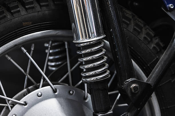 istock A detailed close-up of a motorcycle front suspension featuring a chrome coil spring 2240934189