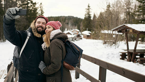 Traveling Couple in Winter Time Taking Selfie
