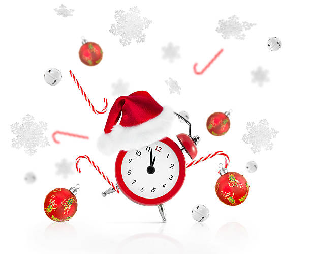 istock Christmas Alarm Clock with Santa Hat, Baubles, and Candy Canes on White Background 2240935439