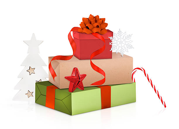 istock Christmas Gift Boxes with Red Ribbon, Snowflake, and Candy Cane Decoration 2240935676