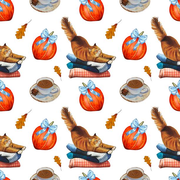 istock Hand drawn autumn seamless pattern with a cat on a blanket, a cup of coffee, pumpkins, and oak leaves. Watercolor illustration. 2240935722