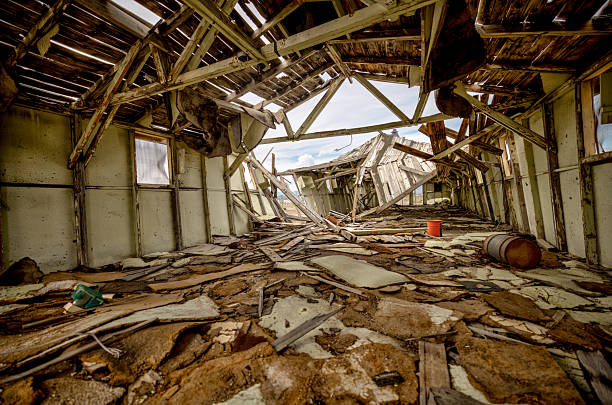 Wendover, Utah, USA – August 27, 2025: Decommissioned barracks building falling in on itself at the historic Wendover Airfield in the Utah desert.