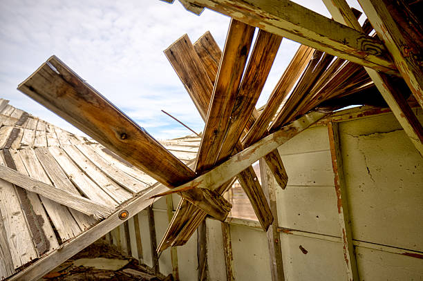 Wendover, Utah, USA – August 27, 2025: Decommissioned barracks building falling in on itself at the historic Wendover Airfield in the Utah desert.
