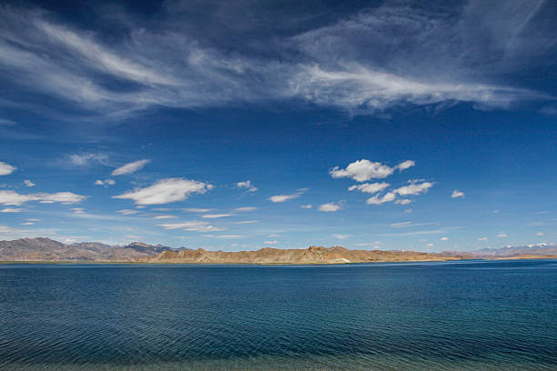 A vast blue lake under a clear sky with distant mountains, presenting a serene natural landscape.