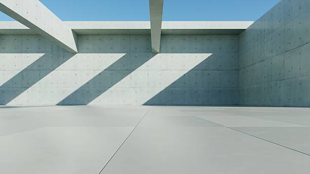 istock 3d render of abstract modern concrete architecture background, Minimal geometry architectural design, Car presentation backdrop with empty concrete floor, Geometric white blocks building design 2240942636