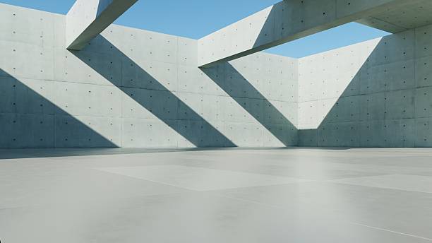 istock 3d render of abstract modern concrete architecture background, Minimal geometry architectural design, Car presentation backdrop with empty concrete floor, Geometric white blocks building design 2240942640