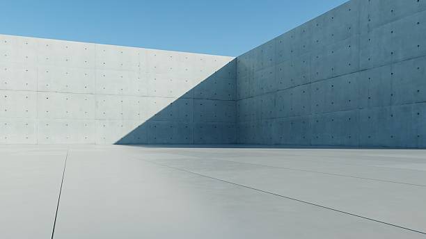 istock 3d render of abstract modern concrete architecture background, Minimal geometry architectural design, Car presentation backdrop with empty concrete floor, Geometric white blocks building design 2240942643