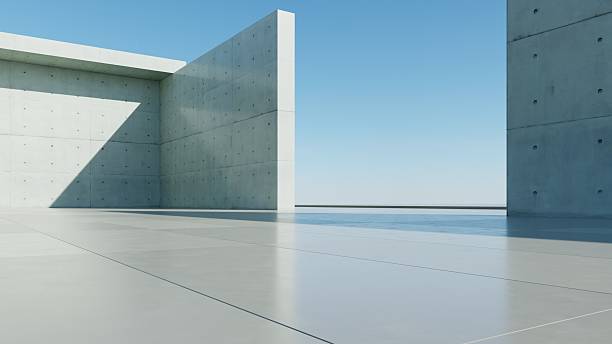 istock 3d render of abstract modern concrete architecture background, Minimal geometry architectural design, Car presentation backdrop with empty concrete floor, Geometric white blocks building design 2240942645