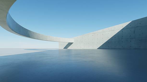 istock 3d render of abstract modern concrete architecture background, Minimal circle geometry architectural design, Car presentation backdrop with empty concrete floor, Geometric white blocks building design 2240942682