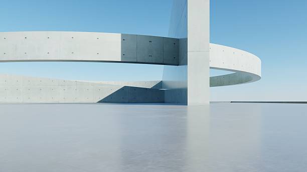 istock 3d render of abstract modern concrete architecture background, Minimal circle geometry architectural design, Car presentation backdrop with empty concrete floor, Geometric white blocks building design 2240942683