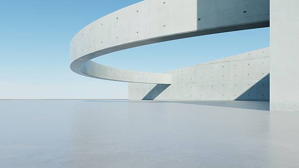 istock 3d render of abstract modern concrete architecture background, Minimal circle geometry architectural design, Car presentation backdrop with empty concrete floor, Geometric white blocks building design 2240942685