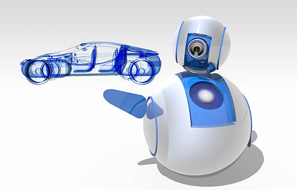 Cute sphere robot shows turning a electric car in his hand. / You can see the animation movie of this image from my iStock video portfolio. Video number: 1614369291