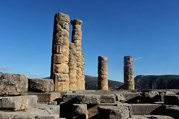 Athenian Treasury in Delphi, an archaeological site in Greece, at the Mount Parnassus. Delphi is famous for the oracle at the sanctuary dedicated to Apollo.