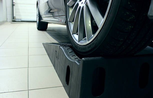 istock Details of front car wheel on a wheel chock at workshop 2240952910