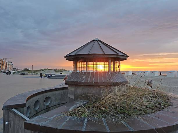 the sun sets on the dike at Nieuwpoort