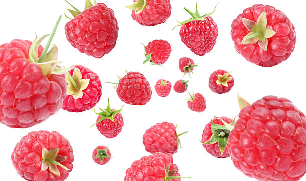 istock Fresh raspberries swirling in air against white background 2240958204