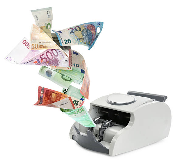 istock Money counter machine and flying euro bills on white background 2240958534