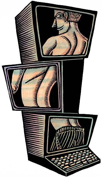 three stacked monitors show the back of a male patient in parts