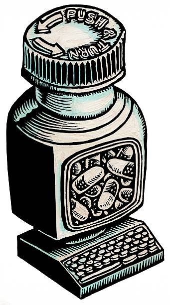 The monitor of a computer is a giant pill jar; an image about technology in medicine.