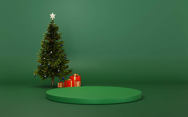 istock Christmas tree for new year with Green podium background 3d illustration 2240963356