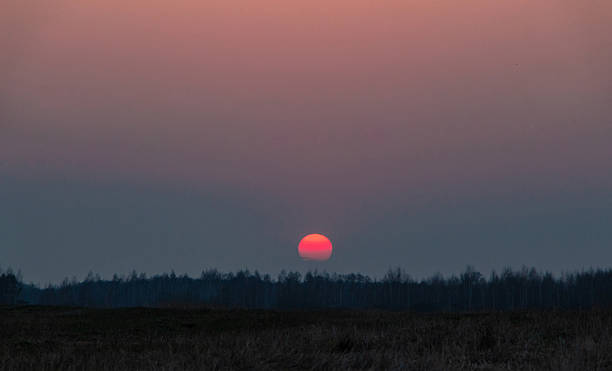 istock Vibrant sunset over a tranquil landscape, with a glowing sun descending behind distant trees, casting warm hues across the sky and reflecting on the serene atmosphere of nature 2240977993