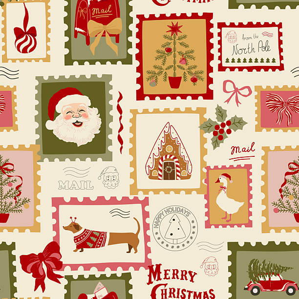 Vintage Christmas stamps, letters, mailbox, bows seamless pattern. Vector hand drawn retro winter holiday elements. Cozy Xmas wallpaper, wrap paper, textile design, repeat background. New Year print.