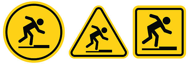 istock Tripping hazard symbol safety sign. Floor surface obstacle fall caution symbol. Person foot falling beware sign. 2240981494