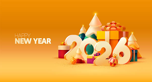 istock Bright New year poster 2026. Big gift boxes with numbers, Christmas trees and decoration. 2240981577