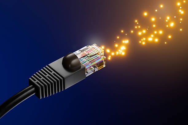 RJ45 cables and plugs against a technical background. Connection concept. Internet connection. High-speed internet connection. Hosting providers. VPN encryption. RJ45 Ethernet connectors. 3D render.
