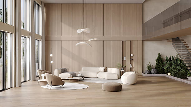 istock Luxury modern villa interior with wooden walls, soft beige sofas, designer lamps, panoramic windows and elegant minimalist decor, 3d rendering 2240982382