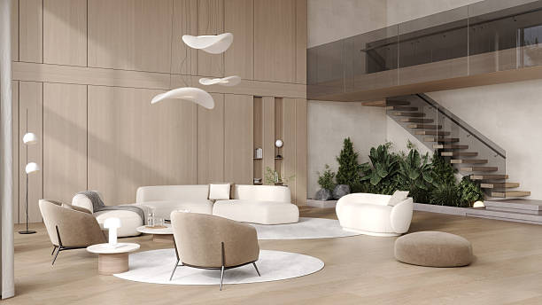 istock Luxury modern villa interior with wooden walls, soft white sofas, designer lamps, panoramic windows and elegant minimalist decor, 3d rendering 2240982389