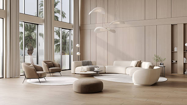 istock Luxury modern villa interior with wooden walls, soft white sofas, designer lamps, panoramic windows and elegant minimalist decor, 3d rendering 2240982400