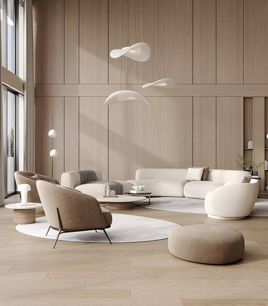 istock Luxury modern villa interior with wooden walls, soft white sofas, designer lamps, panoramic windows and elegant minimalist decor, 3d rendering 2240982404