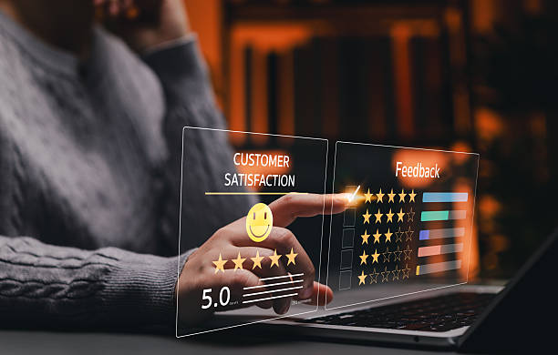 istock Customer satisfaction and feedback concept with hand giving 5-star rating on virtual interface, representing online reviews, quality service, and user experience evaluation. Client evaluate quality, 2240990624