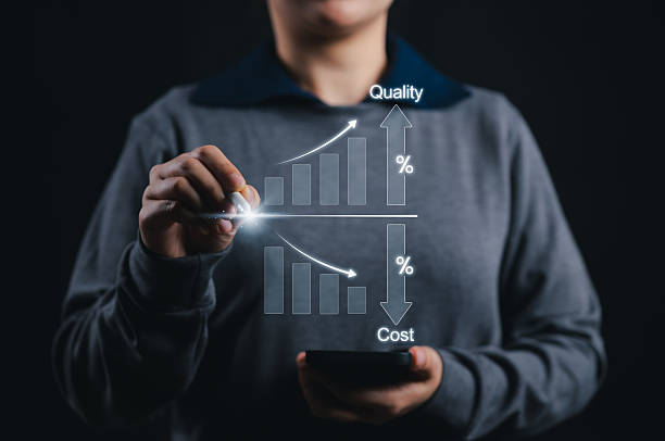 istock Business efficiency concept. Person using digital chart increasing quality and decreasing cost, symbolizing business growth, efficiency improvement, cost reduction, value optimization and efficient. 2240990636