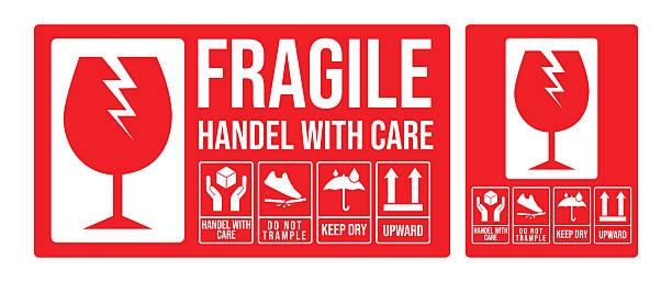 istock sticker fragile handle with care, red fragile warning label with broken glass symbol, this side up sign 2240990656