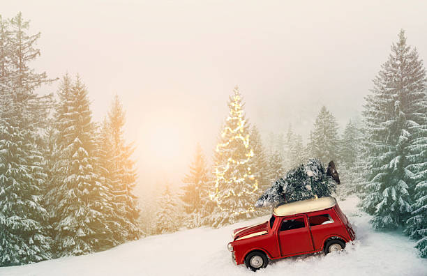 Winter holidays concept with retro car transporting Christmas tree