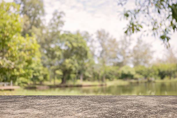 istock Empty rustic tabletop with blurred green park background and natural lake view. Ideal for product mockup, presentation, or eco-friendly advertising design with copy space. 2240998768