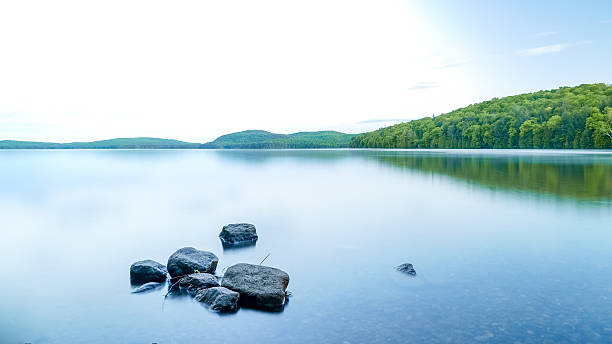 Tranquil lake scene featuring smooth water reflecting green hills and scattered rocks, evoking a sense of peace and natural beauty