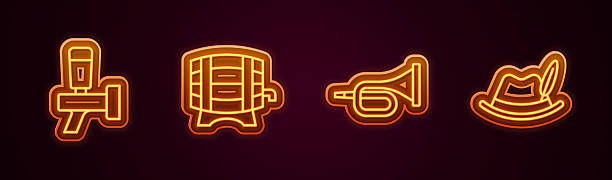 istock Set line Beer tap, Wooden barrel on rack, Trumpet and Beer Fest hat. Glowing neon icon. Vector 2241009436