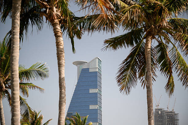 Modern skyscraper with helipad seen through tall palm trees in a Middle Eastern city
