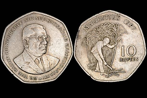 1997 ten-rupee coin from Mauritius.