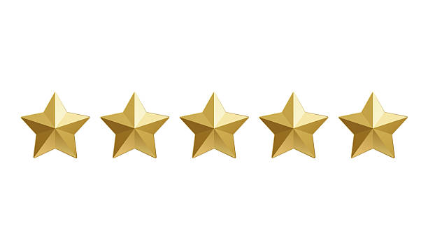 istock Row of five 3D gold stars icon for rating isolated on white background. 2241018390
