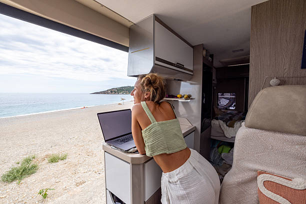 istock Woman Working Remotely in Camper Van with Sea View 2241032711