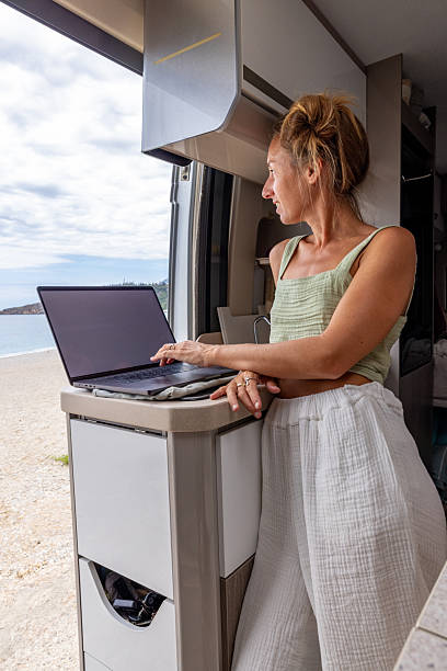 istock Woman Working Remotely in Camper Van with Sea View 2241032713