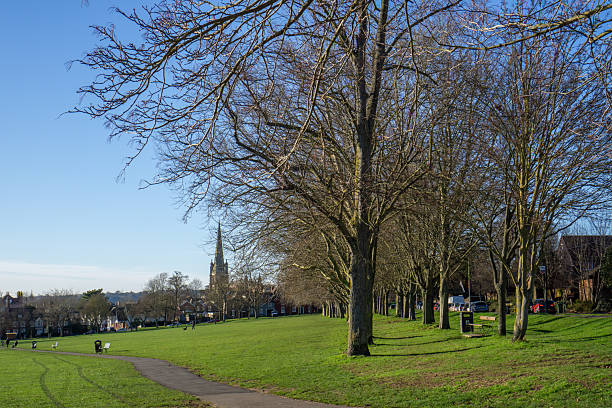 istock A tranquil park scene in Saffron Walden, with a church spire under a bright blue sky. 2241044082