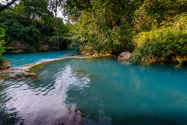 istock Turquoise river pool surrounded by lush greenery, summer in forest nature 2241049537