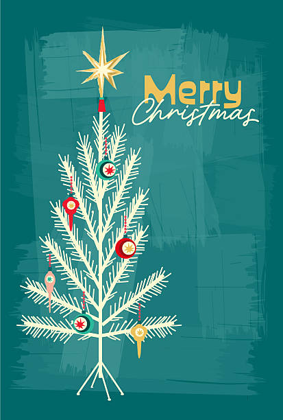 istock Vintage Merry Christmas Greeting in Retro MCM Mid century style with decorated artificial Christmas Tree on textured background 2241052995